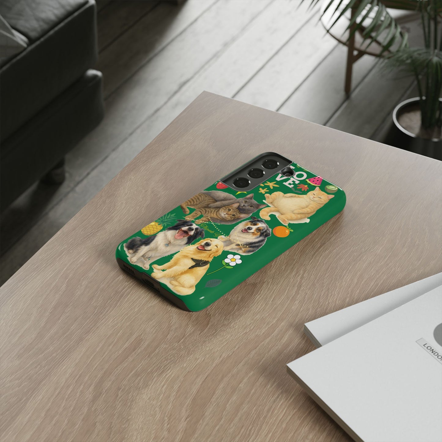 60A-10 Dog and Cat Printed Dual-Layer Phone Case In Dark Green – Glossy or Matte Finish – iPhone & Android Compatible