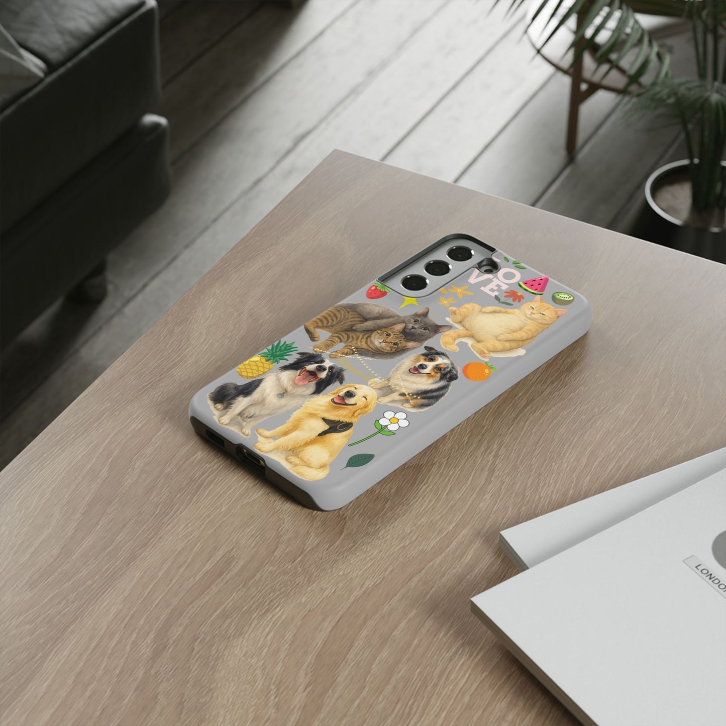 60A-6 Dog and Cat Printed Dual-Layer Phone Case In Light Grey – Glossy or Matte Finish – iPhone & Android Compatible