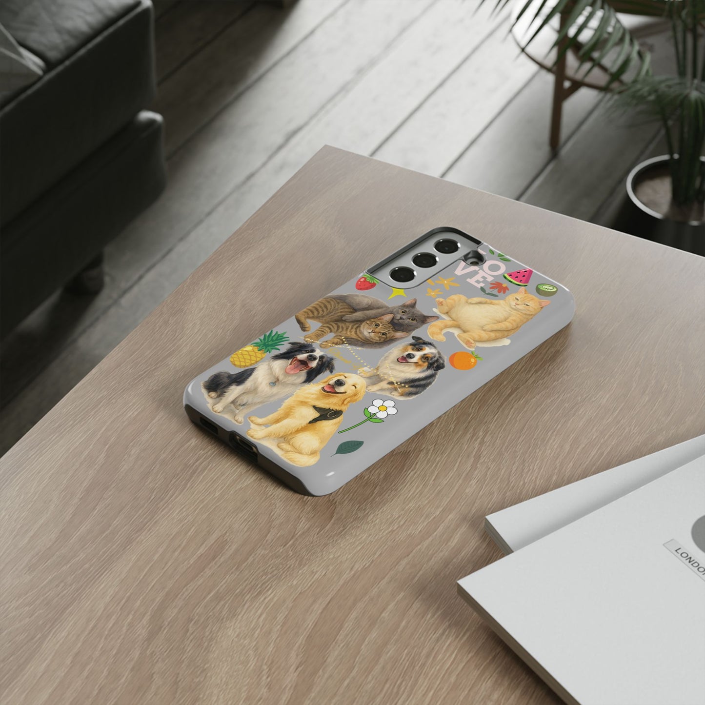60A-6 Dog and Cat Printed Dual-Layer Phone Case In Light Grey – Glossy or Matte Finish – iPhone & Android Compatible