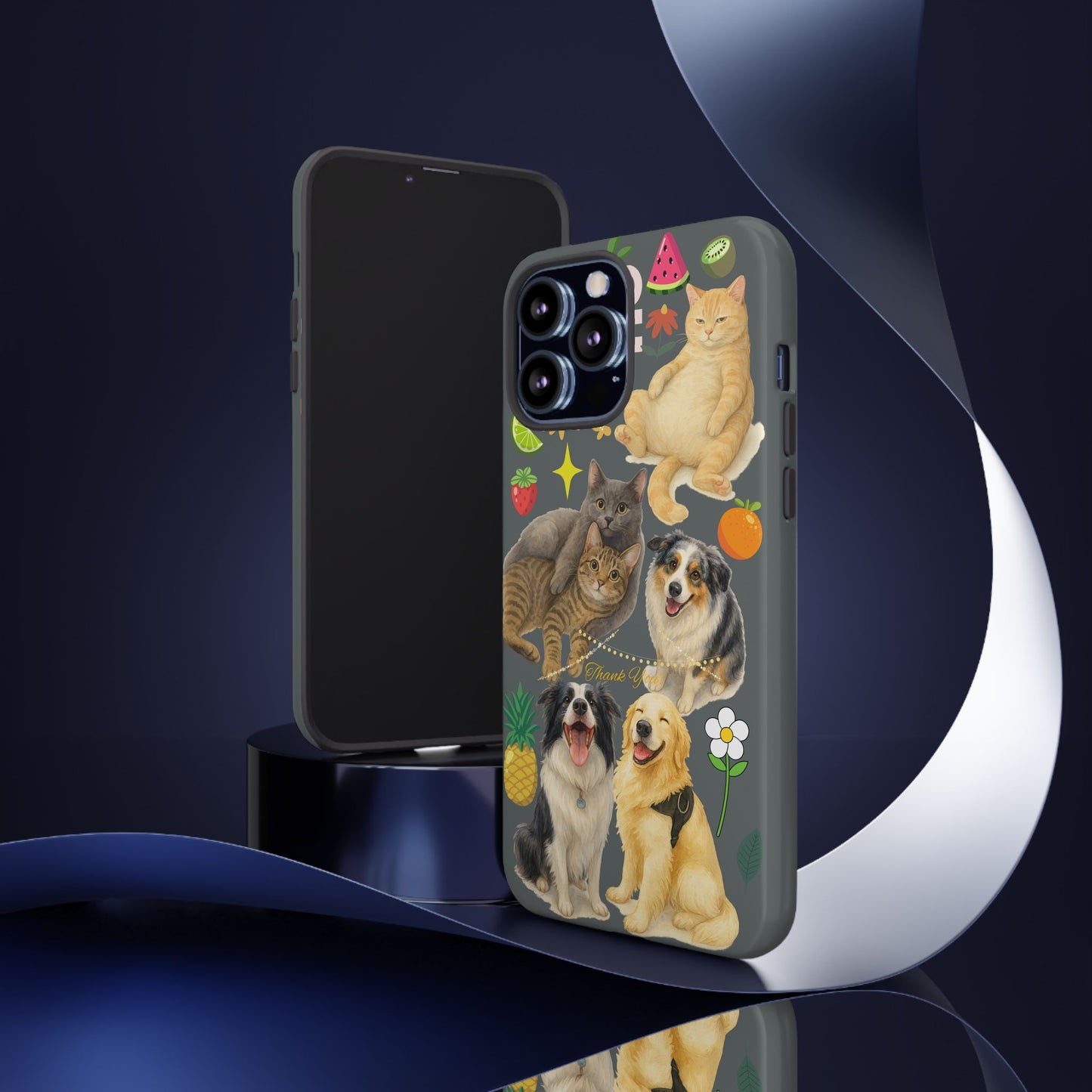 60A-7 Dog and Cat Printed Dual-Layer Phone Case In Dark Grey – Glossy or Matte Finish – iPhone & Android Compatible
