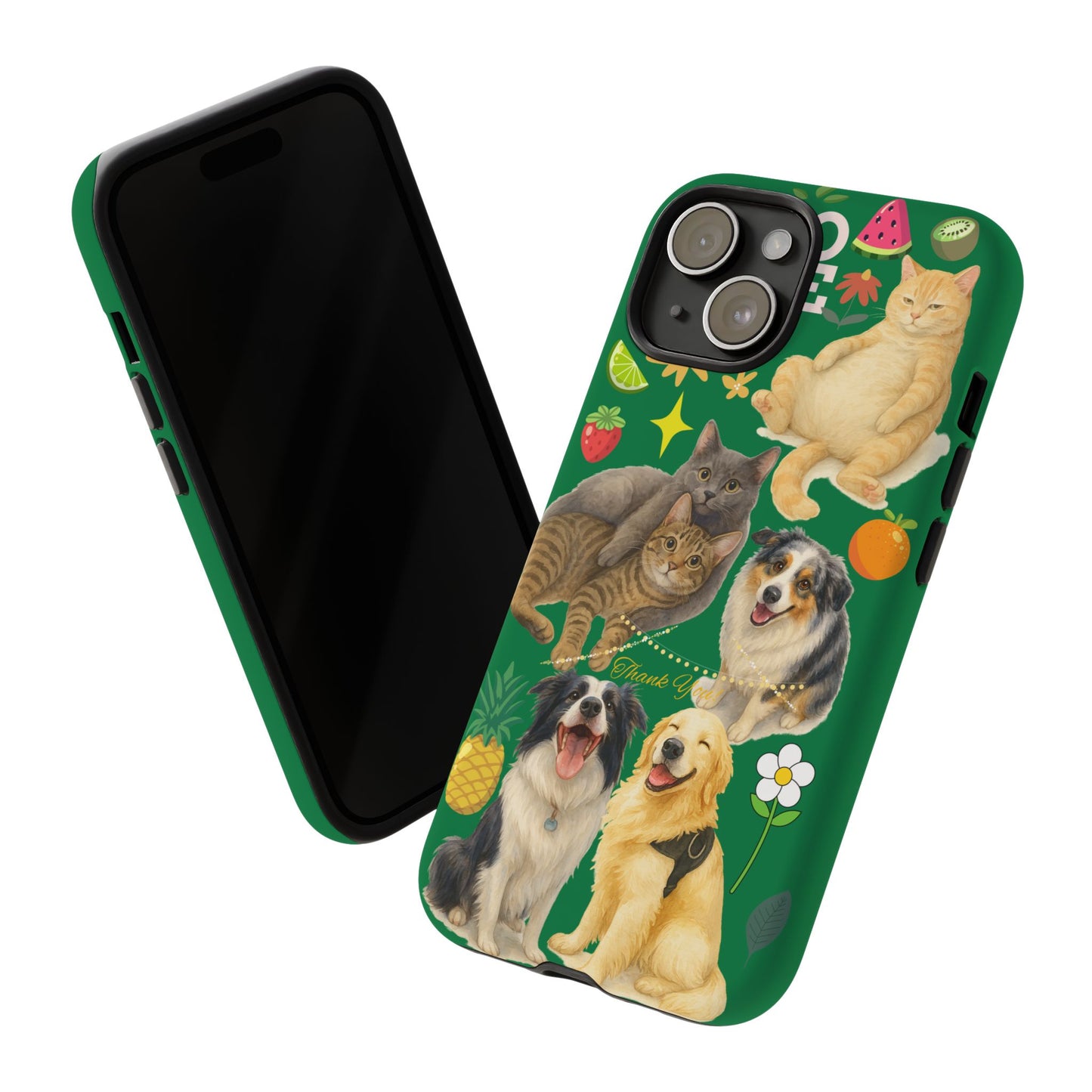60A-10 Dog and Cat Printed Dual-Layer Phone Case In Dark Green – Glossy or Matte Finish – iPhone & Android Compatible