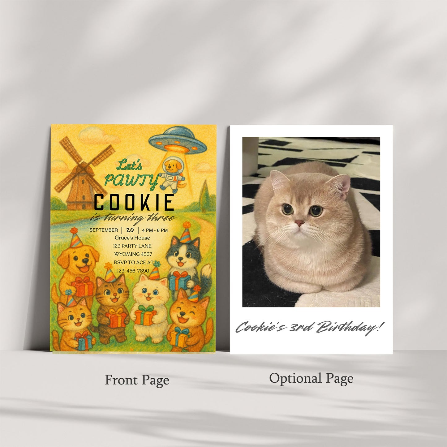30G Editable Pet Birthday Party Invitation Card Template | Crayon Style Dog & Cat Design | 5x7 Canva Template