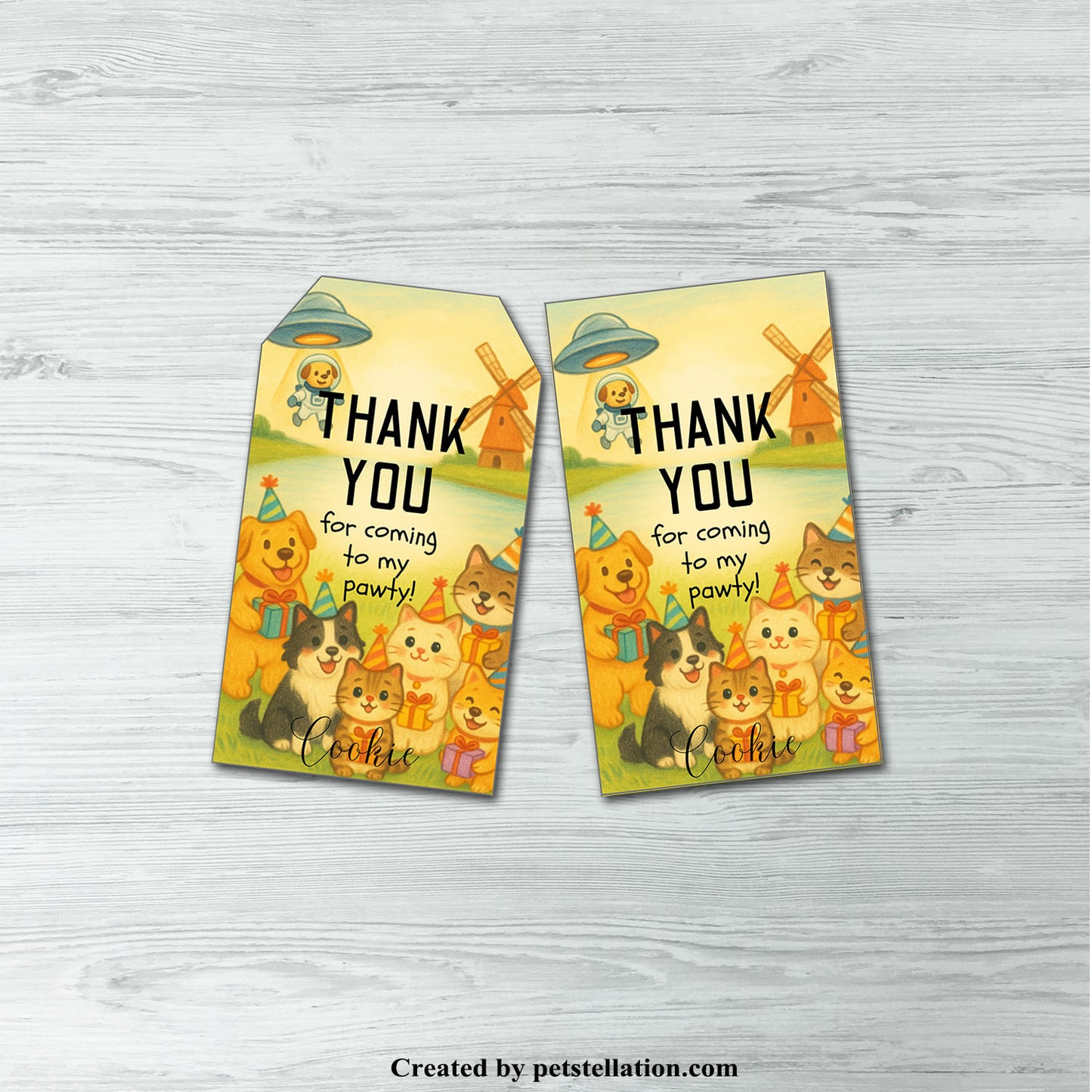 40G Editable Pet Party Thank You Tags | Crayon Style Dog & Cat Gift Tags | Canva Template – 2 Shapes