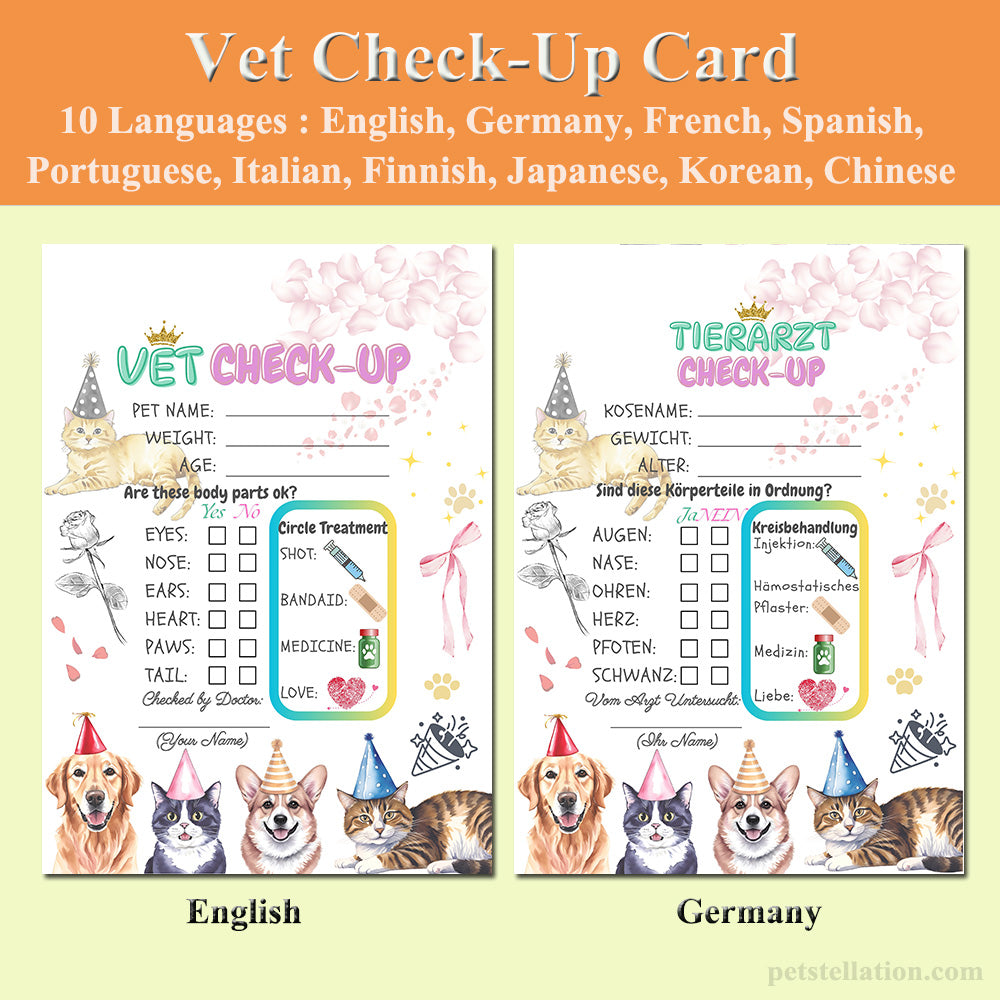20A Vet Check-Up Card In 10 Languages – Multilingual Pet Birthday & Wellness Gift