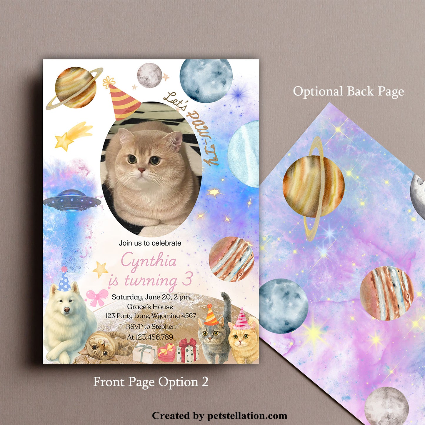 30C-3 Watercolor Pet Birthday Party Invitation Card – Editable Canva Template | Space Theme with Cats & Dog | Custom Text or Photo | Pet Celebration Card