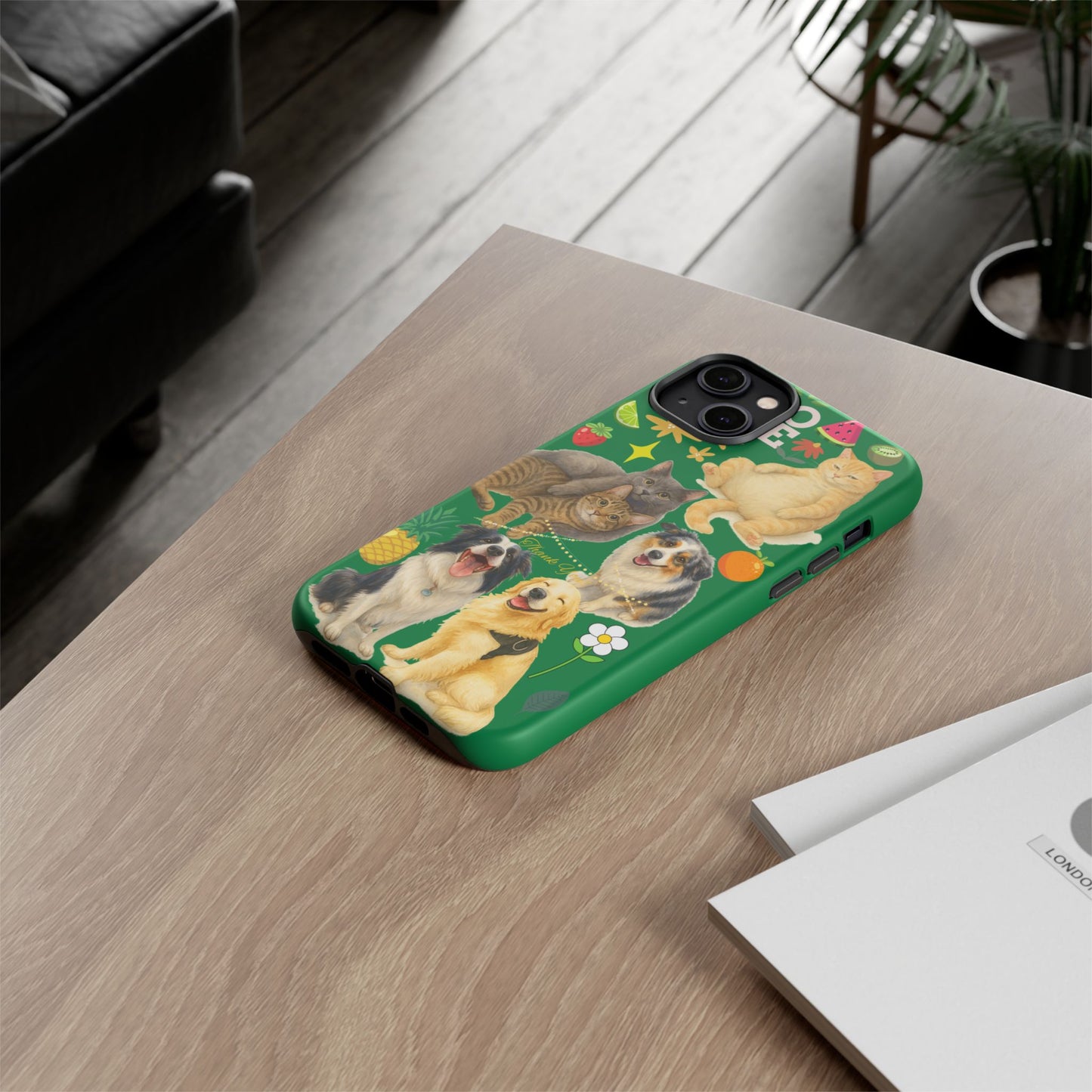 60A-10 Dog and Cat Printed Dual-Layer Phone Case In Dark Green – Glossy or Matte Finish – iPhone & Android Compatible