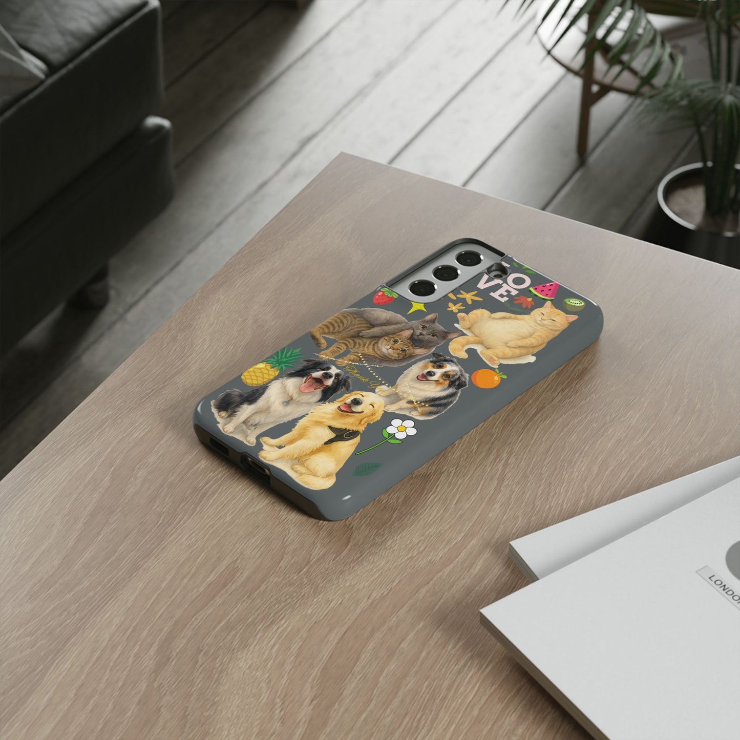 60A-7 Dog and Cat Printed Dual-Layer Phone Case In Dark Grey – Glossy or Matte Finish – iPhone & Android Compatible