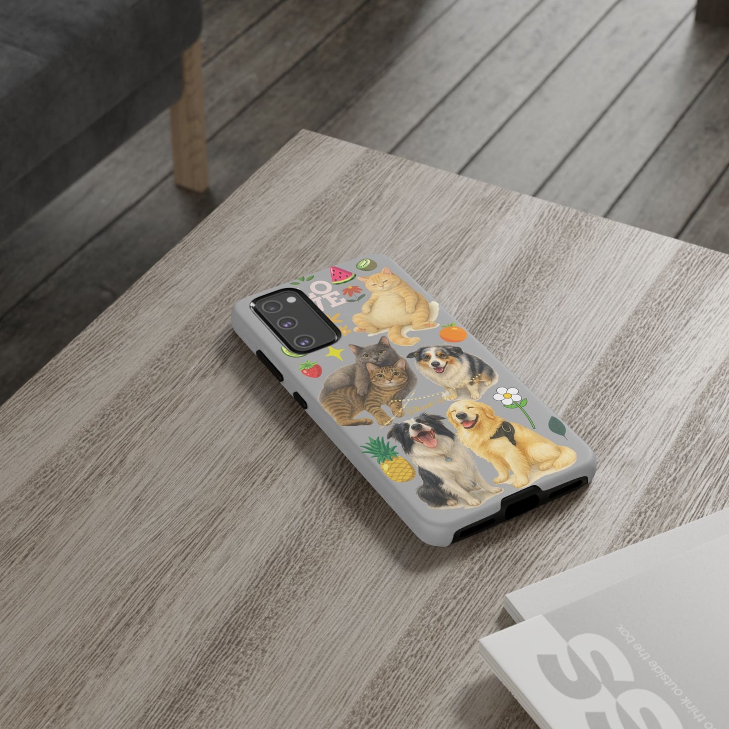 60A-6 Dog and Cat Printed Dual-Layer Phone Case In Light Grey – Glossy or Matte Finish – iPhone & Android Compatible