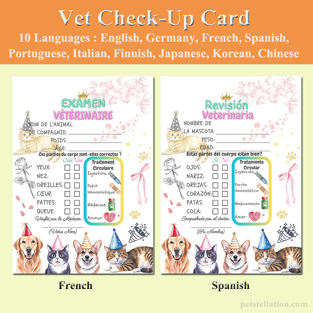20A Vet Check-Up Card In 10 Languages – Multilingual Pet Birthday & Wellness Gift