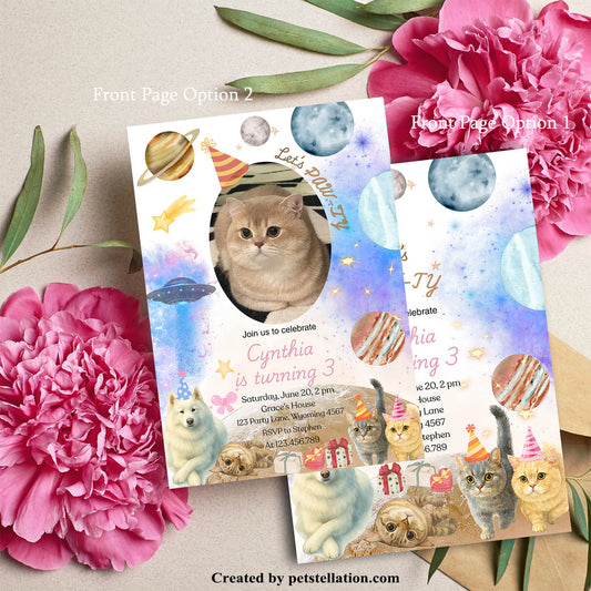 30C-3 Watercolor Pet Birthday Party Invitation Card – Editable Canva Template | Space Theme with Cats & Dog | Custom Text or Photo | Pet Celebration Card
