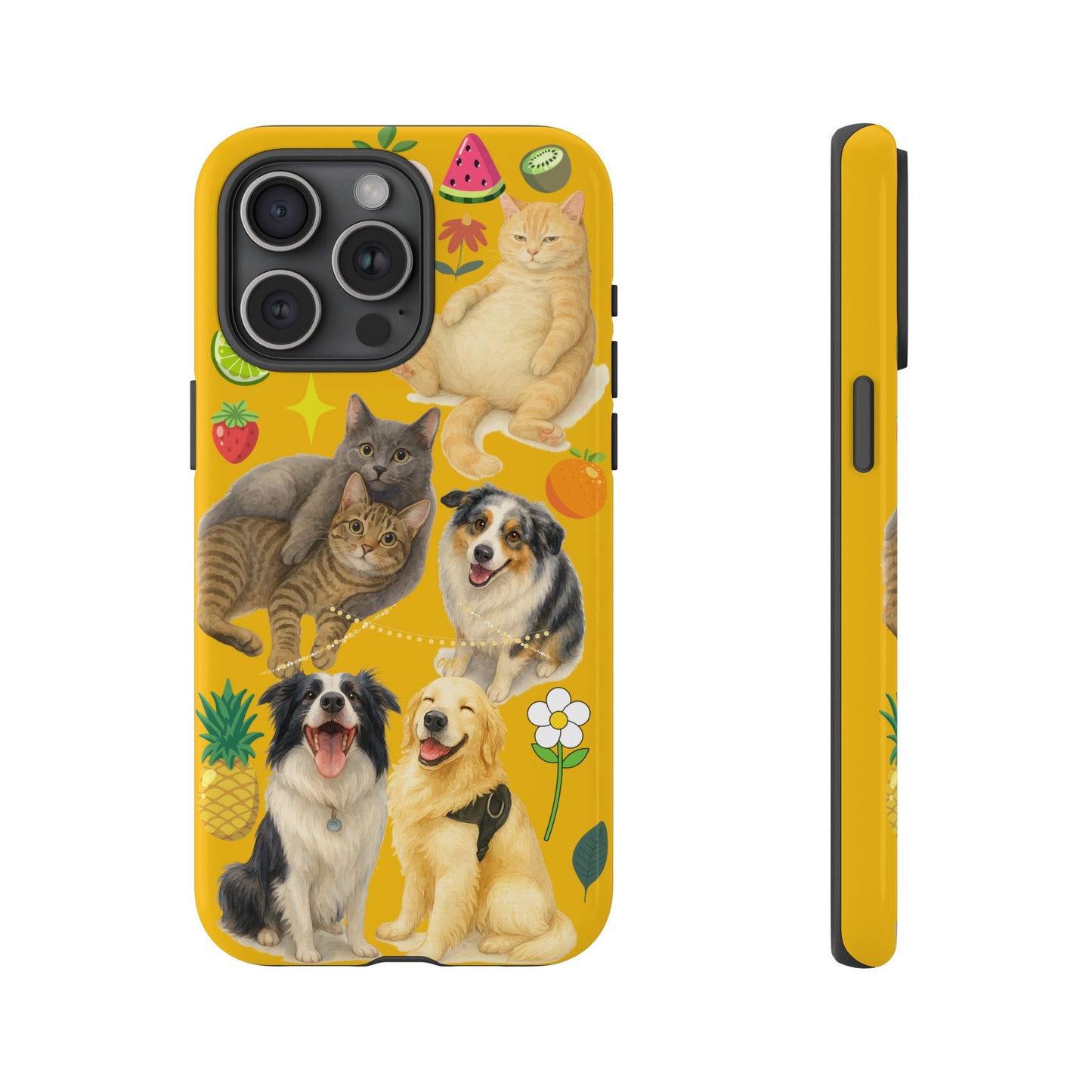 60A-5 Dog and Cat Printed Dual-Layer Phone Case In Yellow – Glossy or Matte Finish – iPhone & Android Compatible