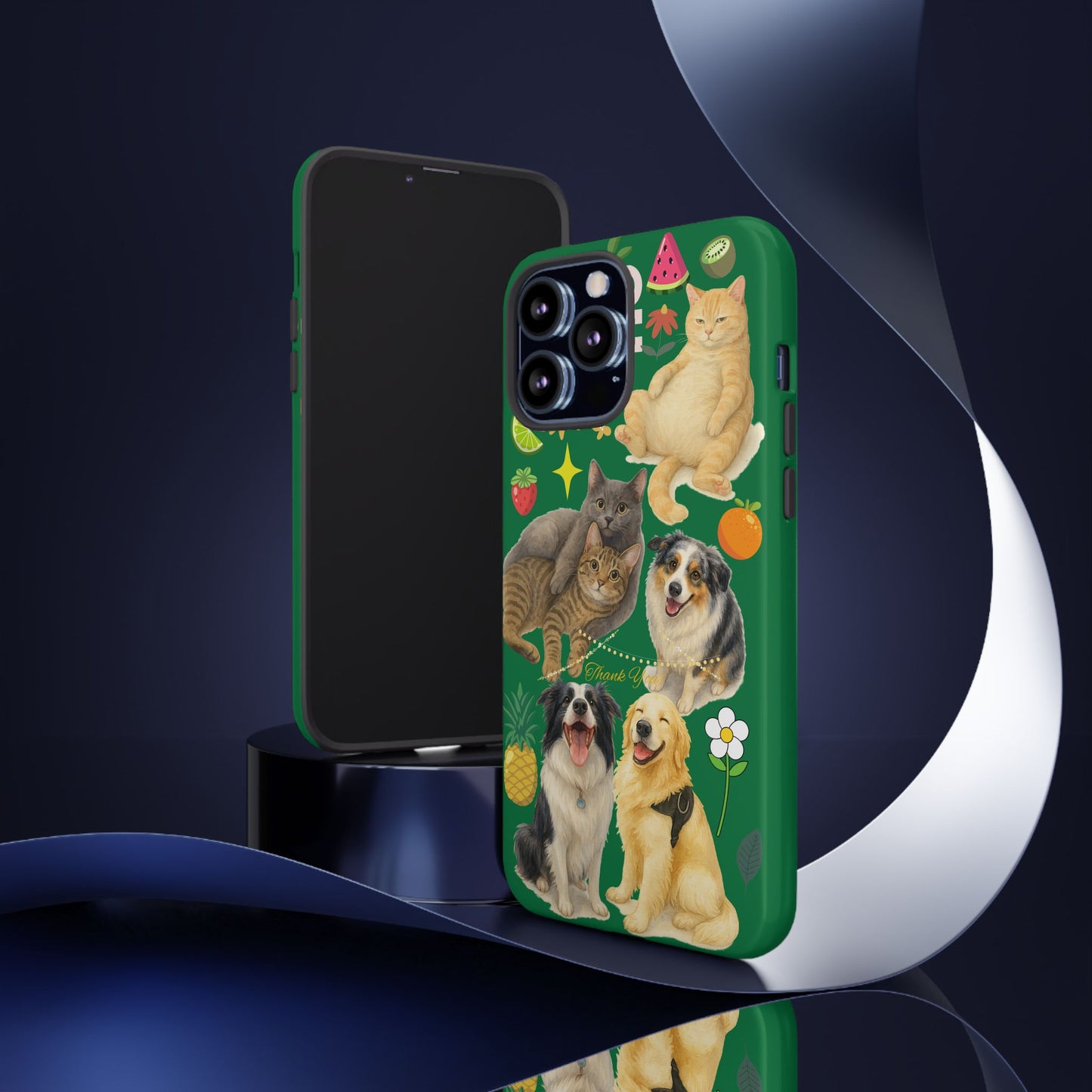 60A-10 Dog and Cat Printed Dual-Layer Phone Case In Dark Green – Glossy or Matte Finish – iPhone & Android Compatible