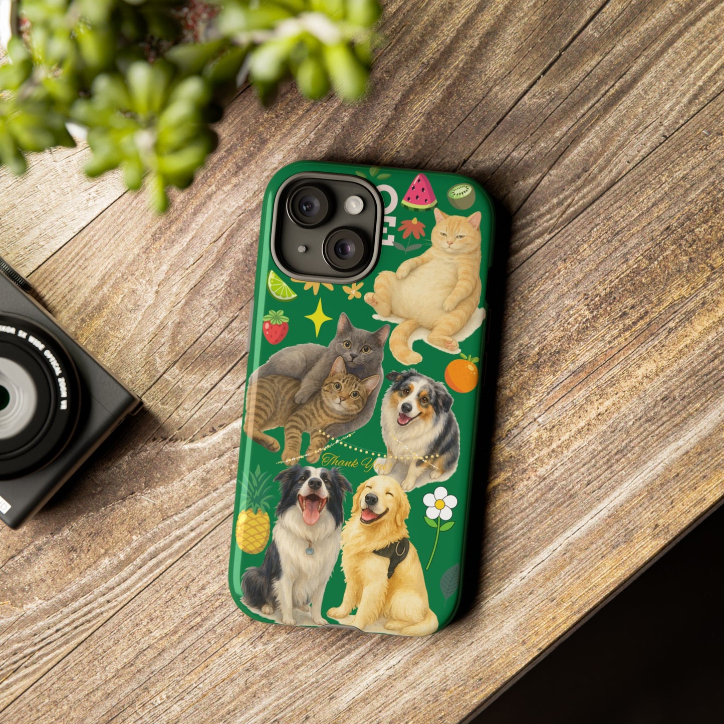 60A-10 Dog and Cat Printed Dual-Layer Phone Case In Dark Green – Glossy or Matte Finish – iPhone & Android Compatible