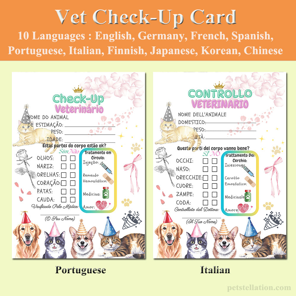 20A Vet Check-Up Card In 10 Languages – Multilingual Pet Birthday & Wellness Gift