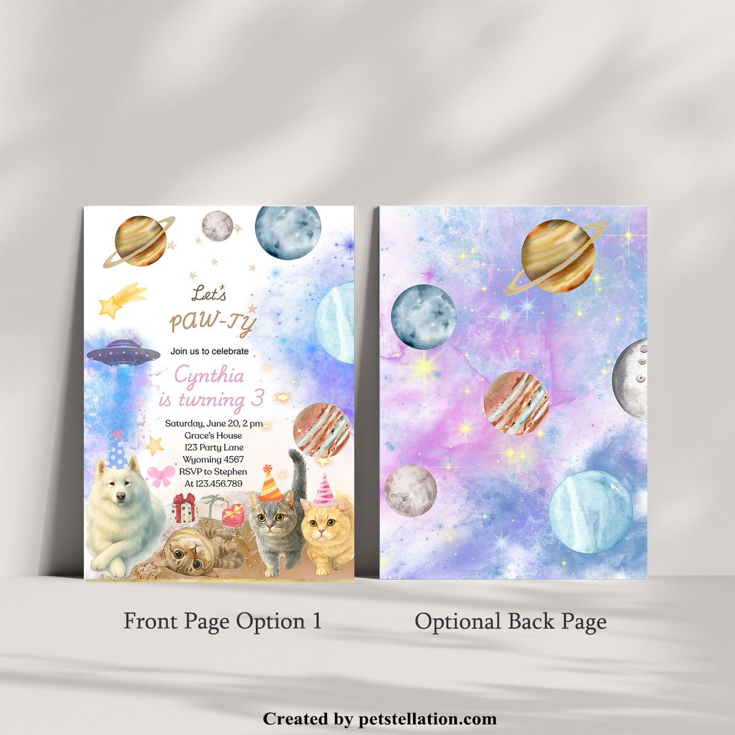 30C-3 Watercolor Pet Birthday Party Invitation Card – Editable Canva Template | Space Theme with Cats & Dog | Custom Text or Photo | Pet Celebration Card