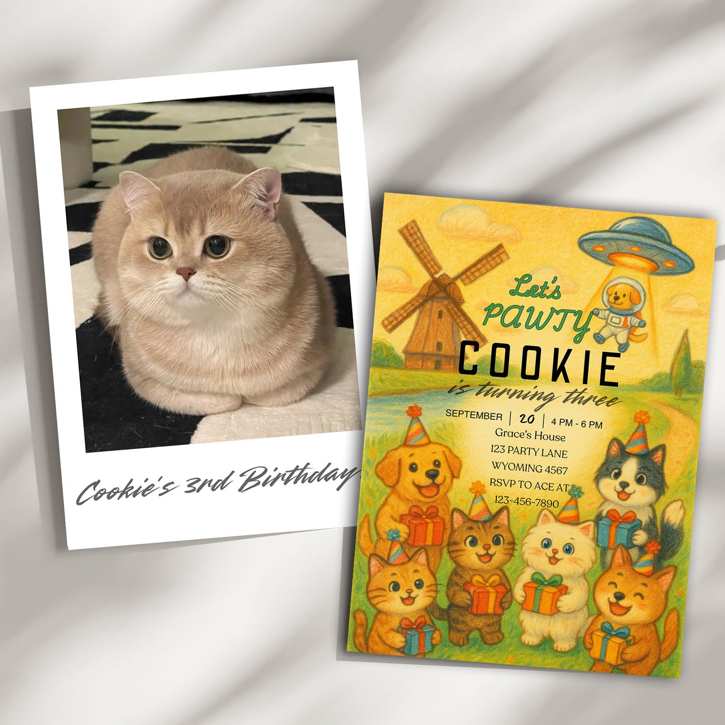 30G Editable Pet Birthday Party Invitation Card Template | Crayon Style Dog & Cat Design | 5x7 Canva Template