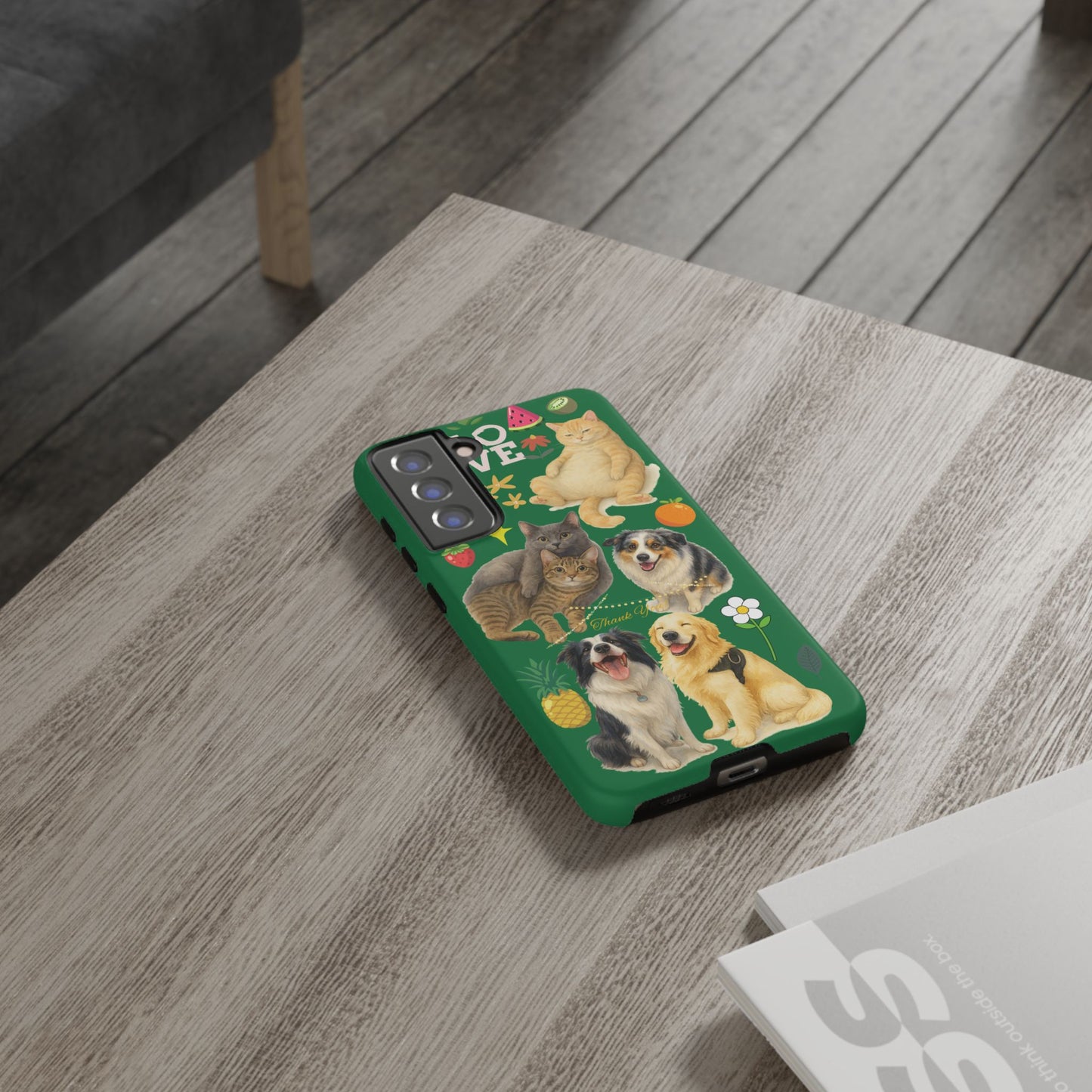 60A-10 Dog and Cat Printed Dual-Layer Phone Case In Dark Green – Glossy or Matte Finish – iPhone & Android Compatible