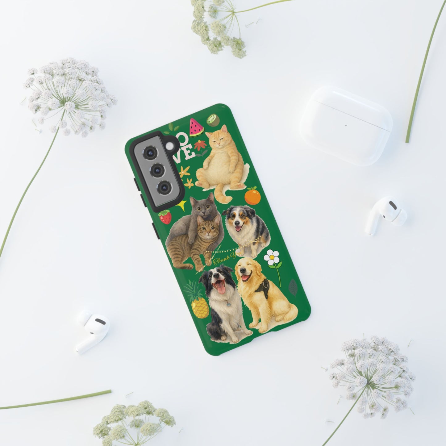 60A-10 Dog and Cat Printed Dual-Layer Phone Case In Dark Green – Glossy or Matte Finish – iPhone & Android Compatible