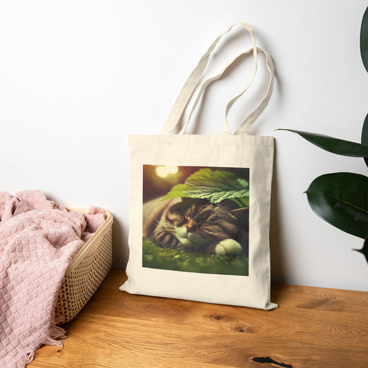 72B4 Cat Under Lotus Leaf Tote Bag – Moonlit Nature Scene on Cotton Canvas