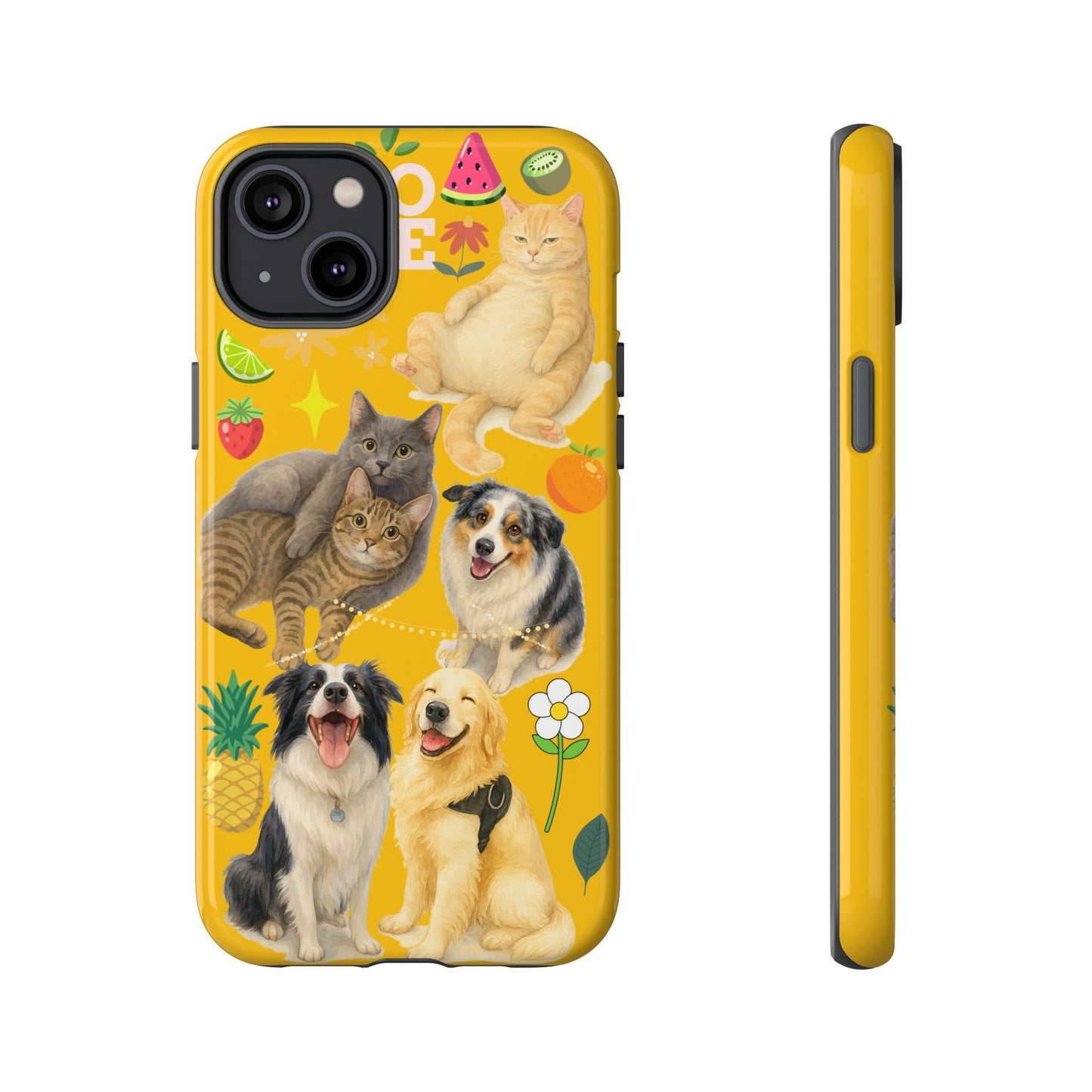 60A-5 Dog and Cat Printed Dual-Layer Phone Case In Yellow – Glossy or Matte Finish – iPhone & Android Compatible