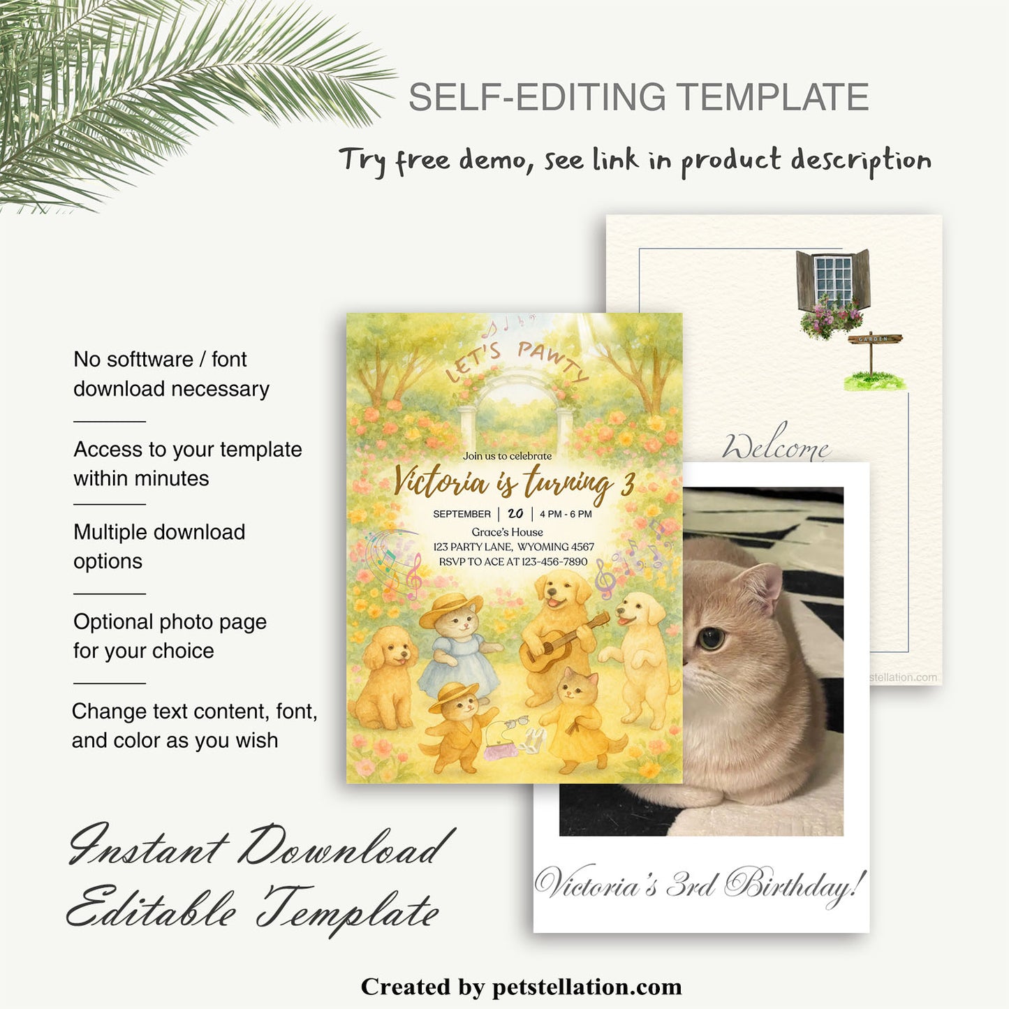 30A9 Whimsical Garden Party Invitation Card – Editable Canva Template with Cats, Dogs & Photo Option