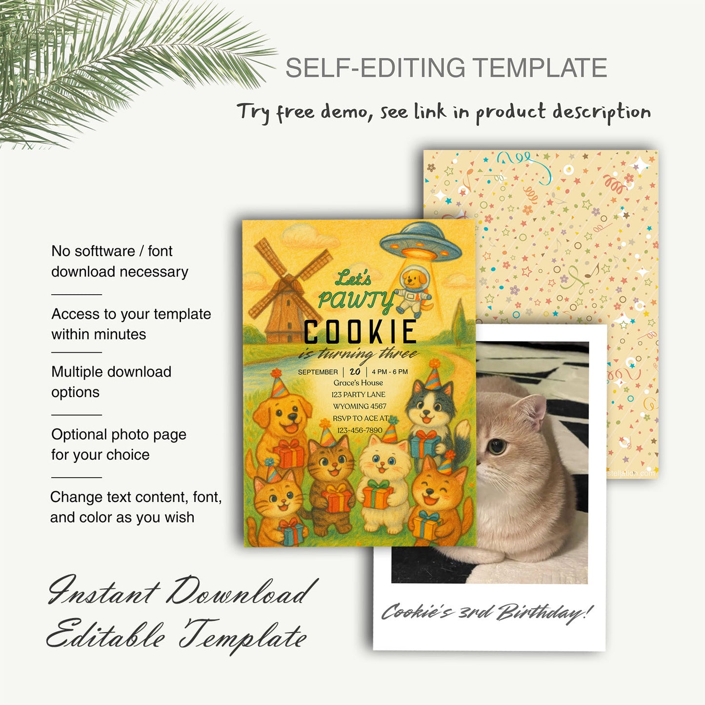 30G Editable Pet Birthday Party Invitation Card Template | Crayon Style Dog & Cat Design | 5x7 Canva Template