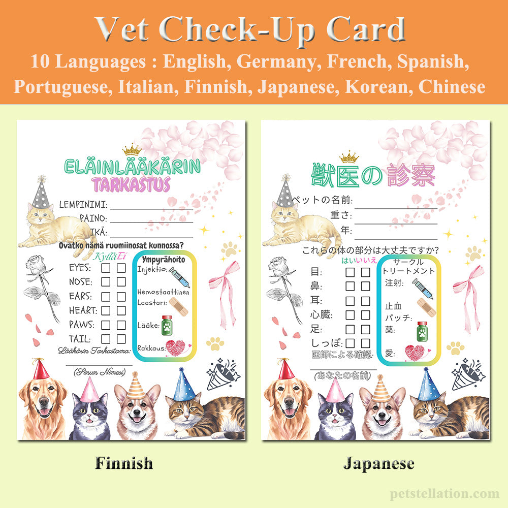 20A Vet Check-Up Card In 10 Languages – Multilingual Pet Birthday & Wellness Gift