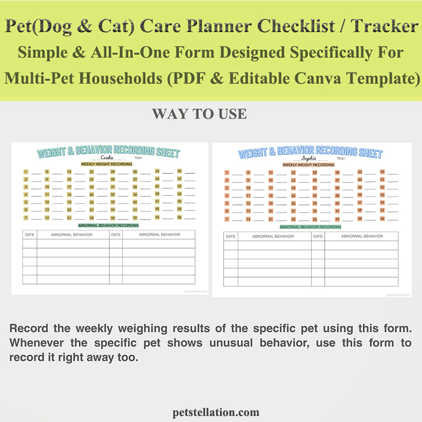 00E Multi-Pet Care Planner & Checklist | Printable PDF & Editable Canva Template | Dog & Cat Daily, Weekly, Monthly, Yearly Pet Tracker