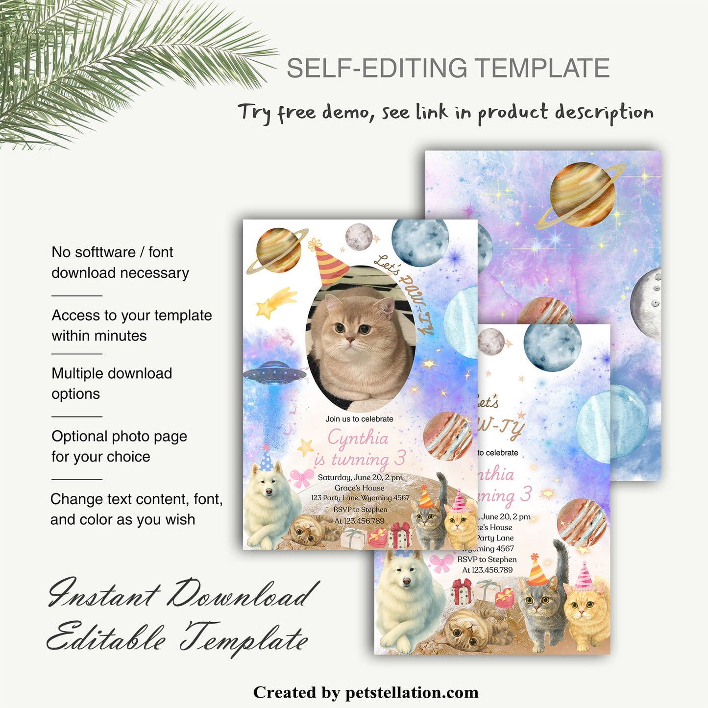 30C-3 Watercolor Pet Birthday Party Invitation Card – Editable Canva Template | Space Theme with Cats & Dog | Custom Text or Photo | Pet Celebration Card