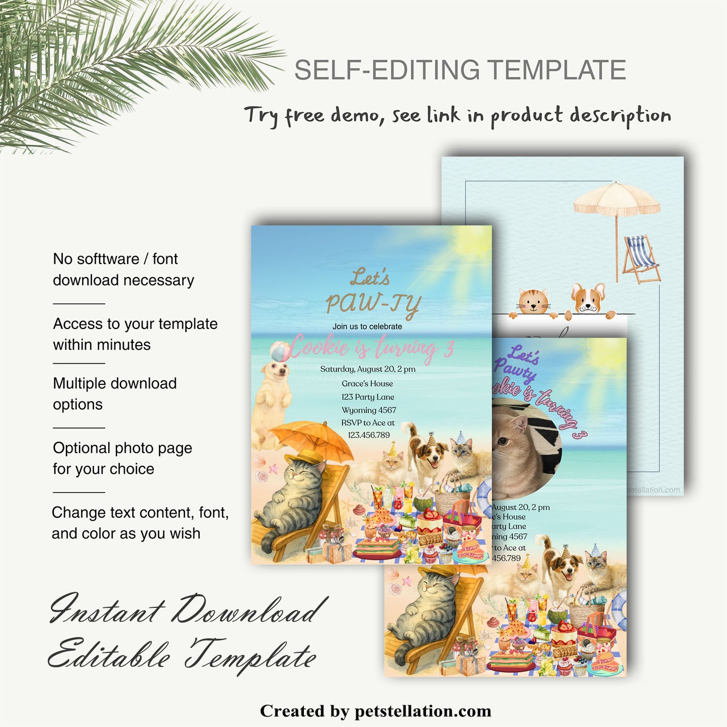 30A2 Whimsical Beach Party Invitation Card – Editable Canva Template with Cats & Dogs, Photo & Text Options