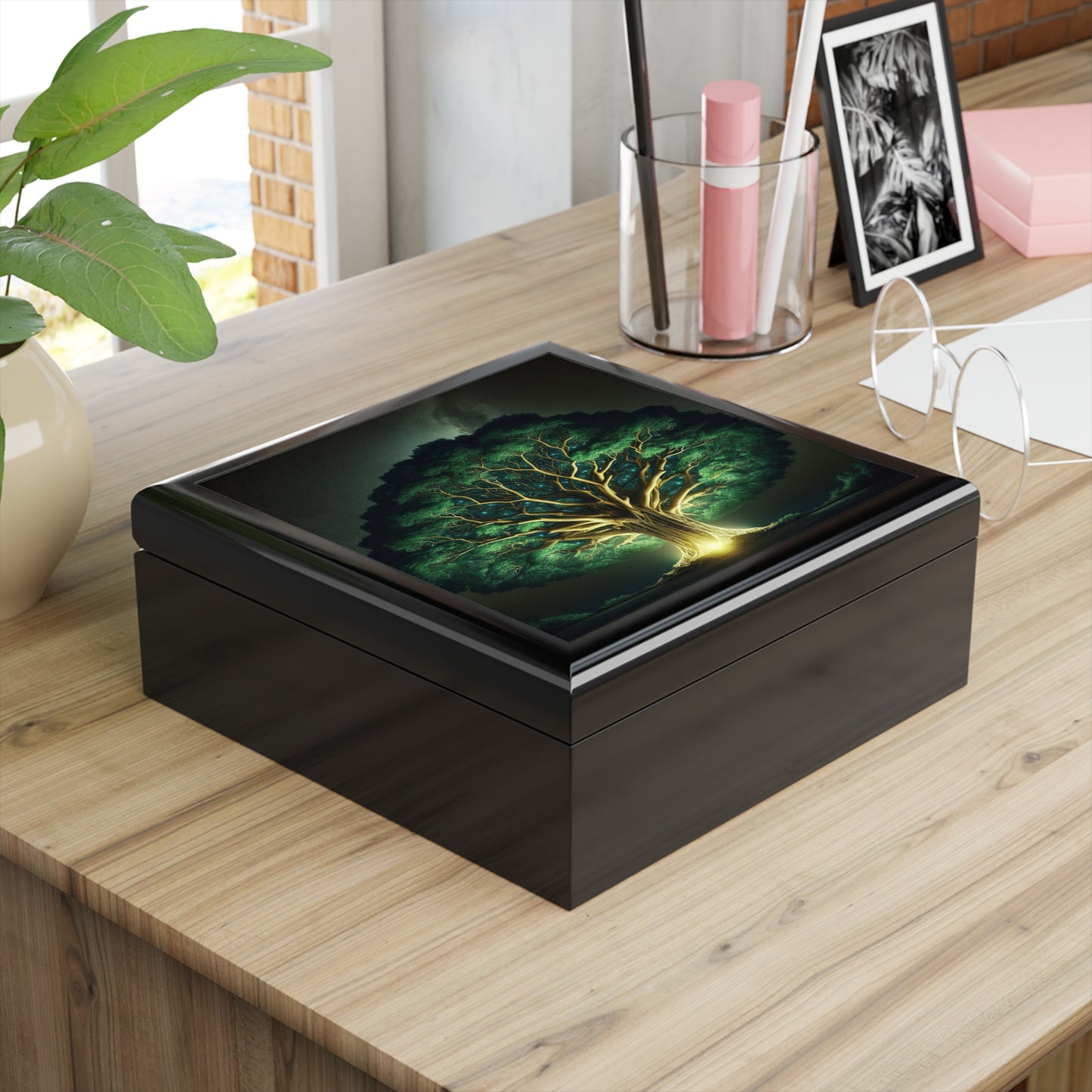83B1 Tree of Life Jewelry Box – Rubberwood with Glossy Ceramic Tile Lid and Felt Lining