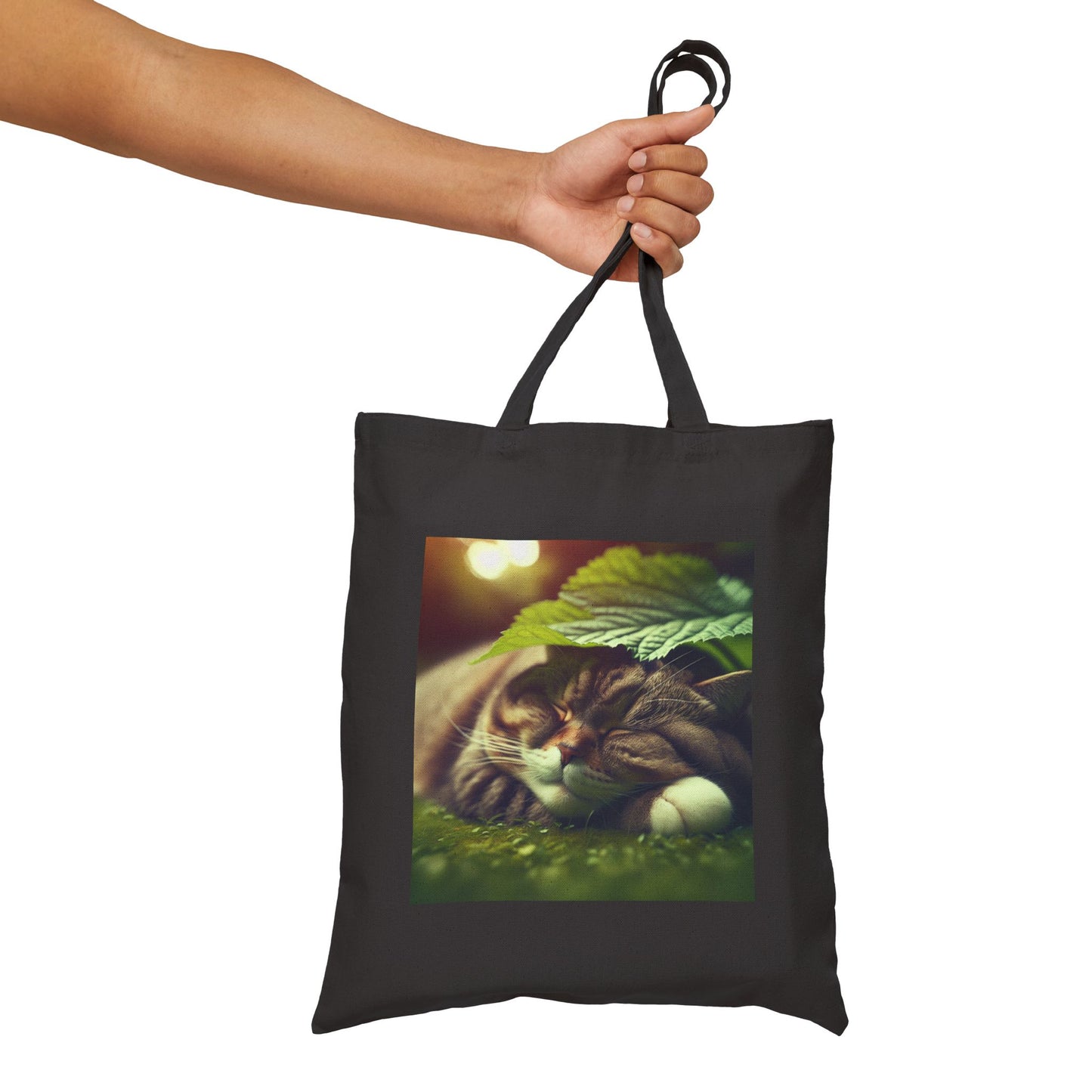 72B4 Cat Under Lotus Leaf Tote Bag – Moonlit Nature Scene on Cotton Canvas