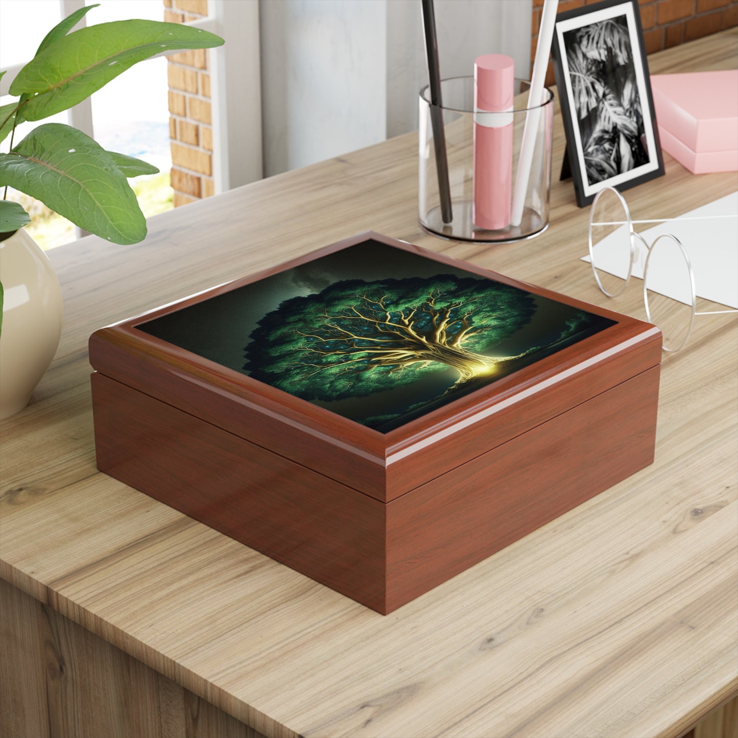 83B1 Tree of Life Jewelry Box – Rubberwood with Glossy Ceramic Tile Lid and Felt Lining
