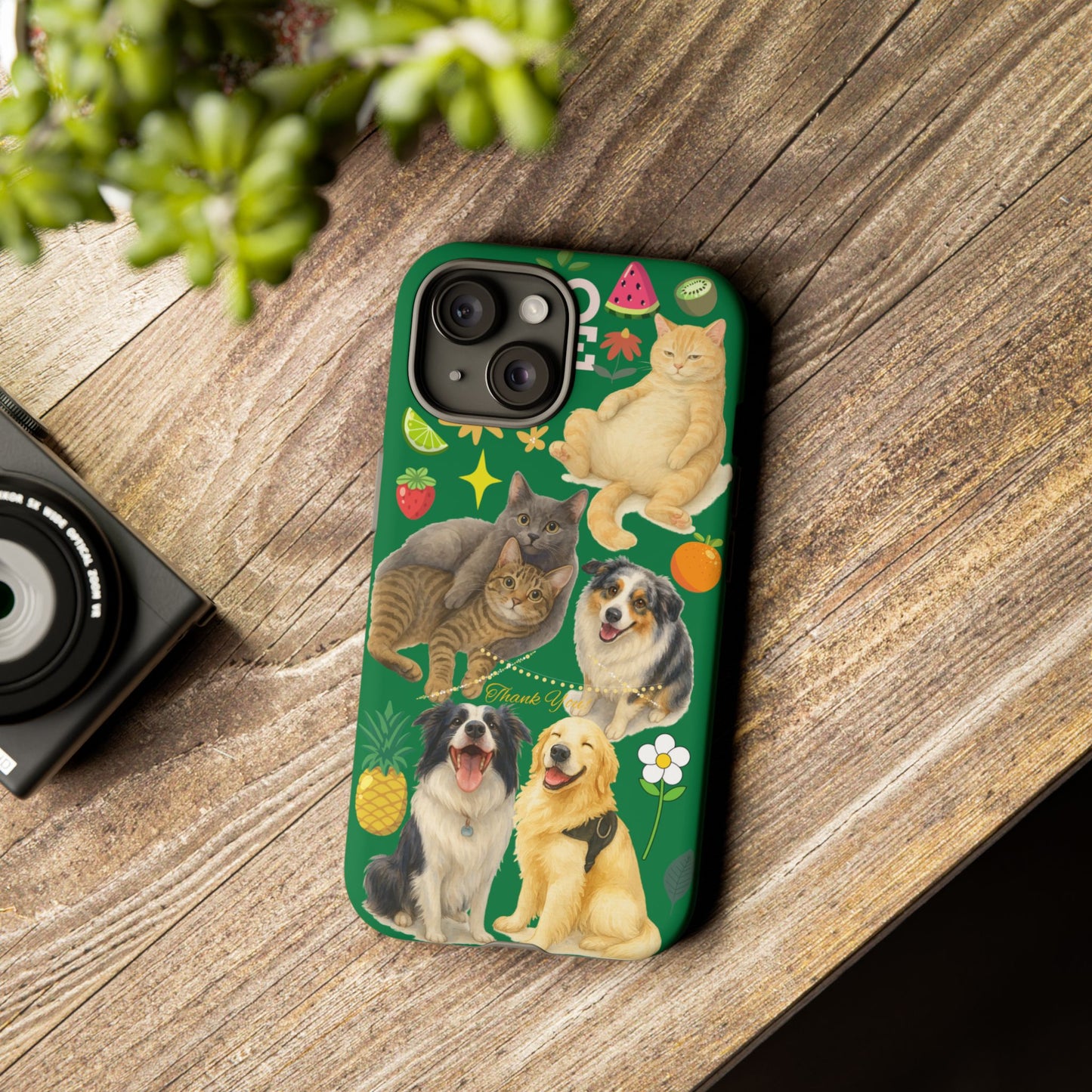 60A-10 Dog and Cat Printed Dual-Layer Phone Case In Dark Green – Glossy or Matte Finish – iPhone & Android Compatible