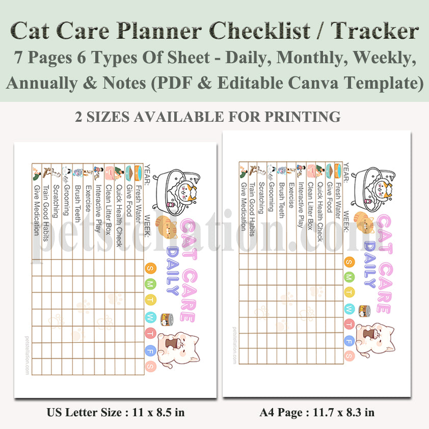 02D Ultimate Cat Care Planner - Daily to Yearly Schedule | PDF Download + Editable Canva Template | A4 & US Letter Sizes