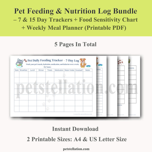 00D7 Pet Feeding & Nutrition Log Bundle – 7 & 15 Day Trackers + Food Sensitivity Chart + Weekly Meal Planner (Printable PDF)