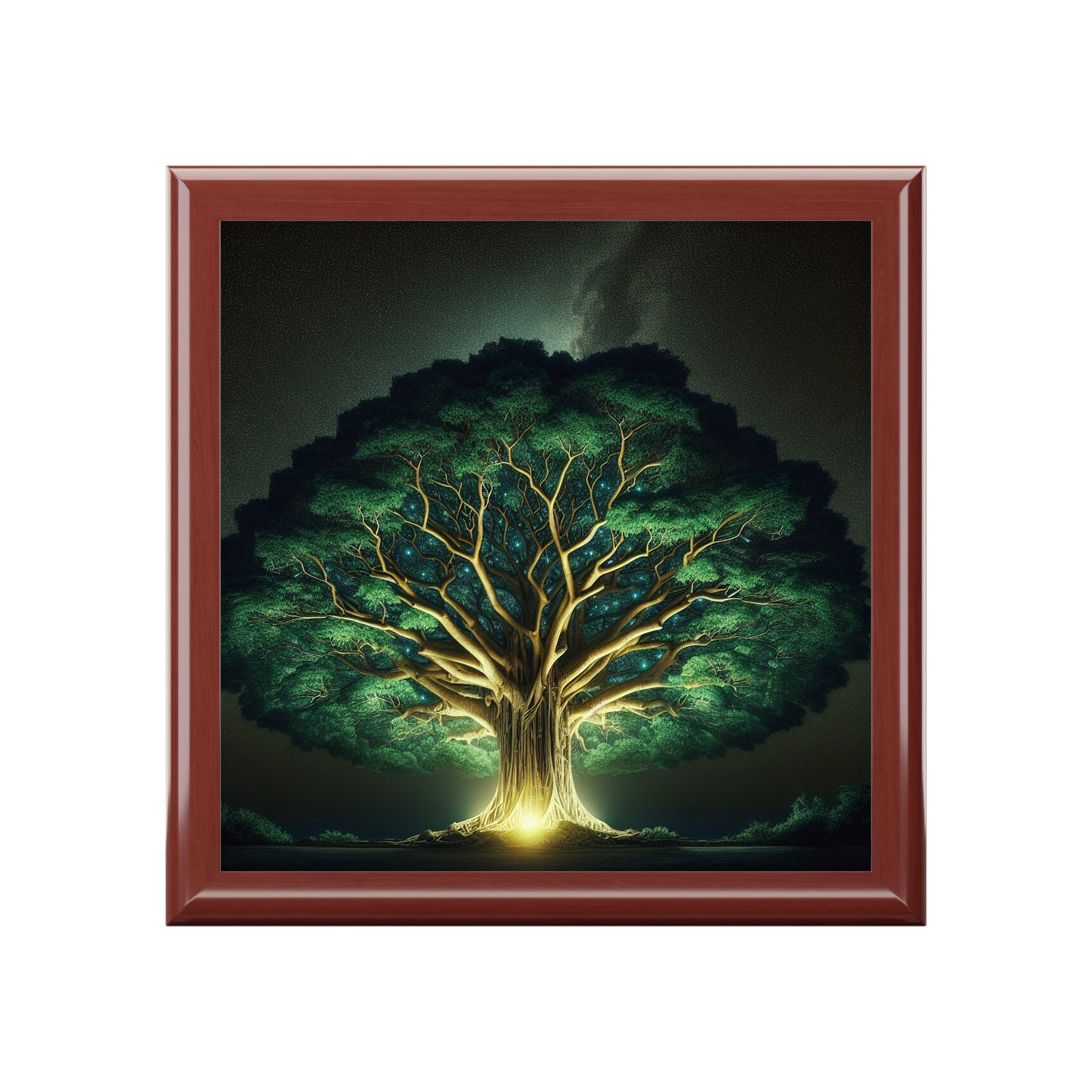 83B1 Tree of Life Jewelry Box – Rubberwood with Glossy Ceramic Tile Lid and Felt Lining