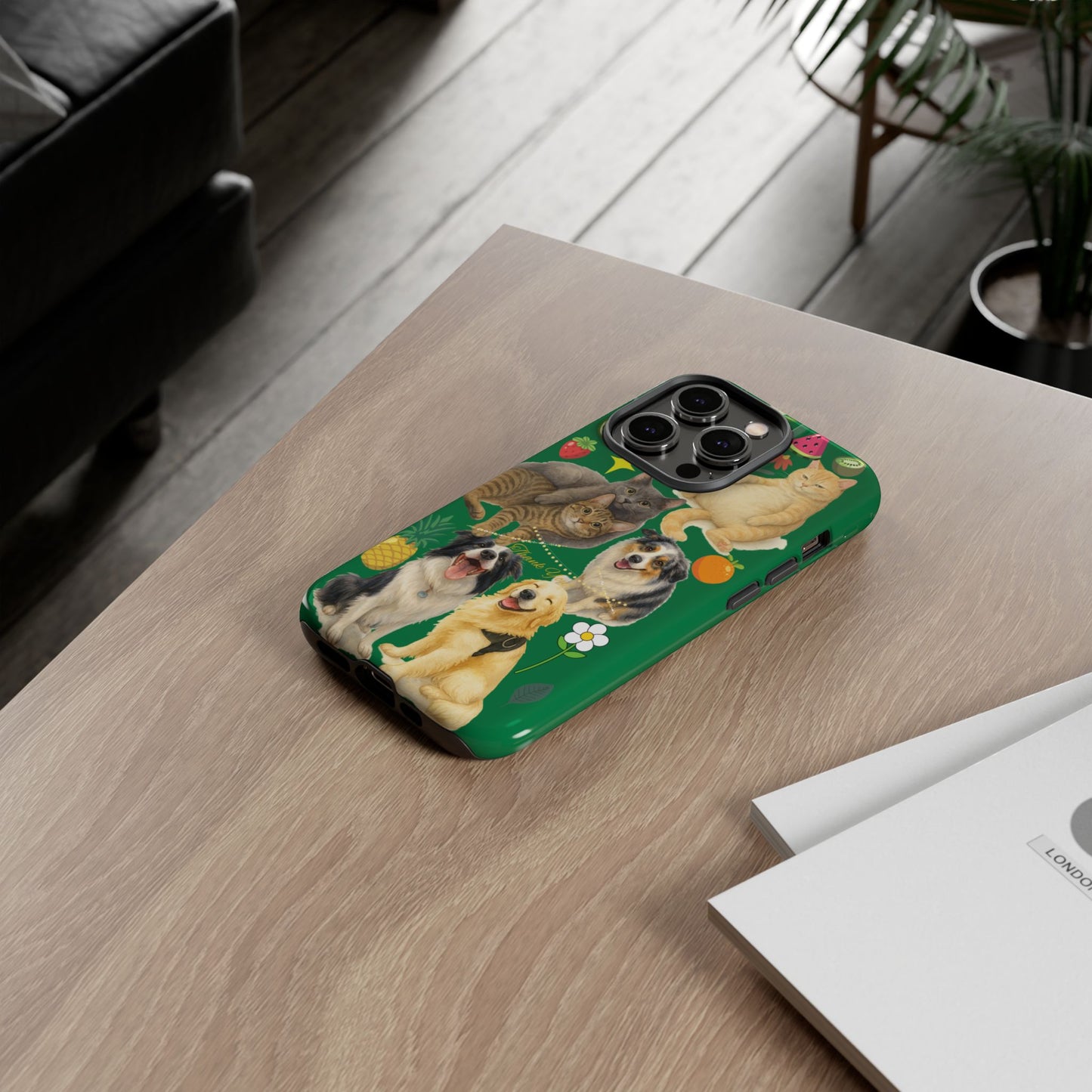 60A-10 Dog and Cat Printed Dual-Layer Phone Case In Dark Green – Glossy or Matte Finish – iPhone & Android Compatible