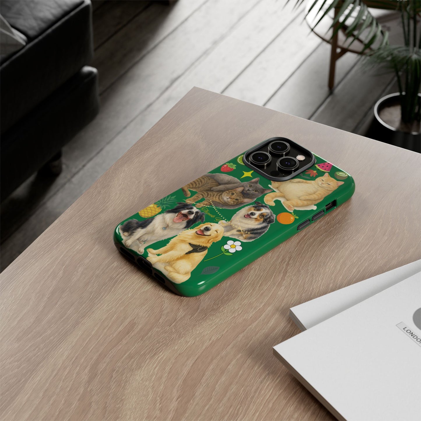 60A-10 Dog and Cat Printed Dual-Layer Phone Case In Dark Green – Glossy or Matte Finish – iPhone & Android Compatible