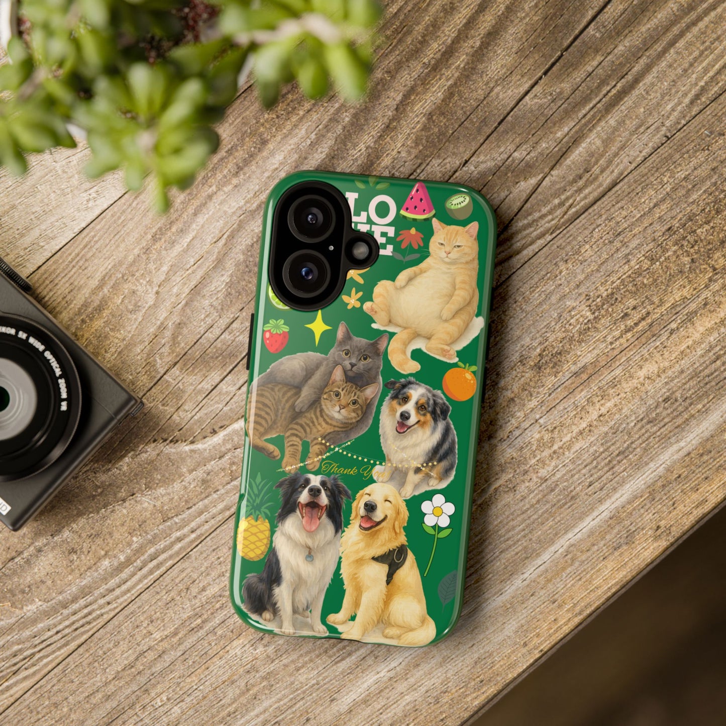 60A-10 Dog and Cat Printed Dual-Layer Phone Case In Dark Green – Glossy or Matte Finish – iPhone & Android Compatible