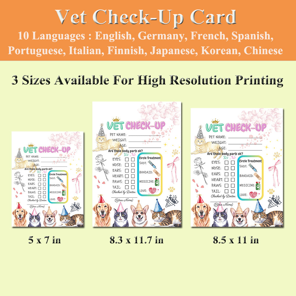 20A Vet Check-Up Card In 10 Languages – Multilingual Pet Birthday & Wellness Gift