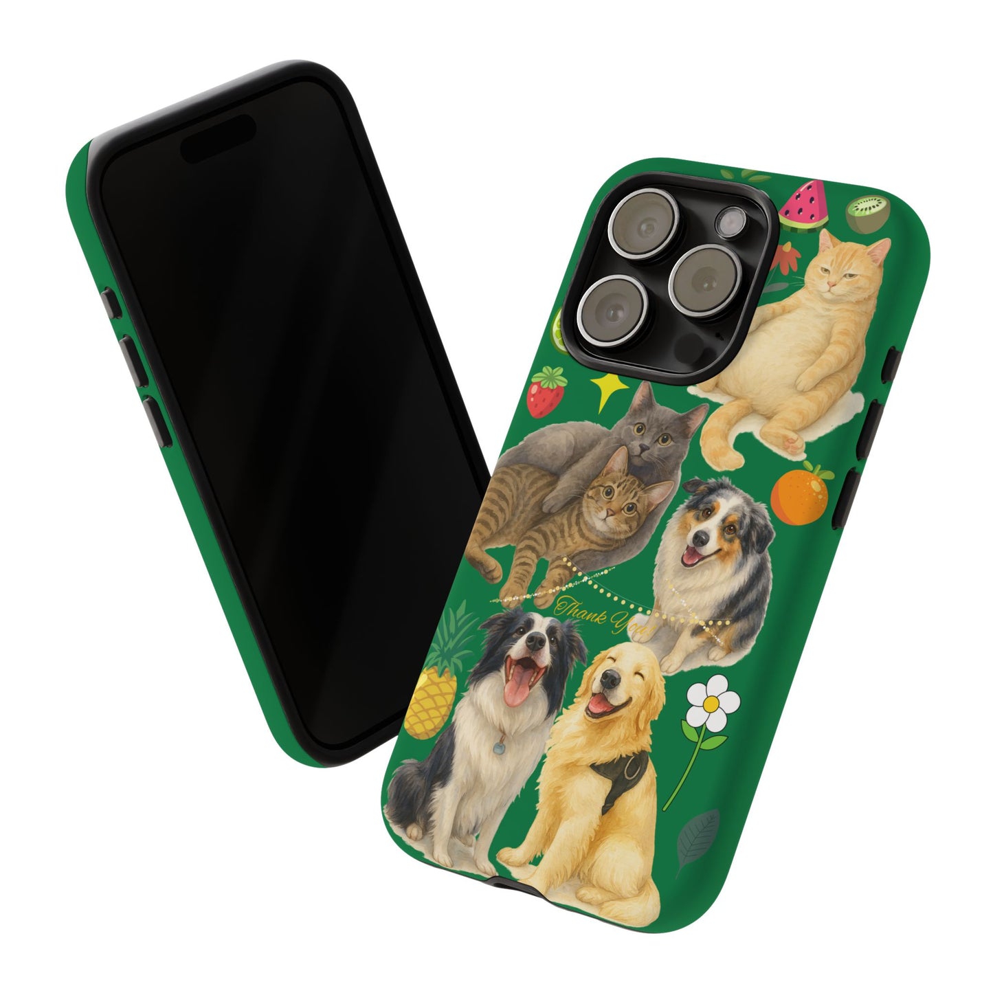 60A-10 Dog and Cat Printed Dual-Layer Phone Case In Dark Green – Glossy or Matte Finish – iPhone & Android Compatible