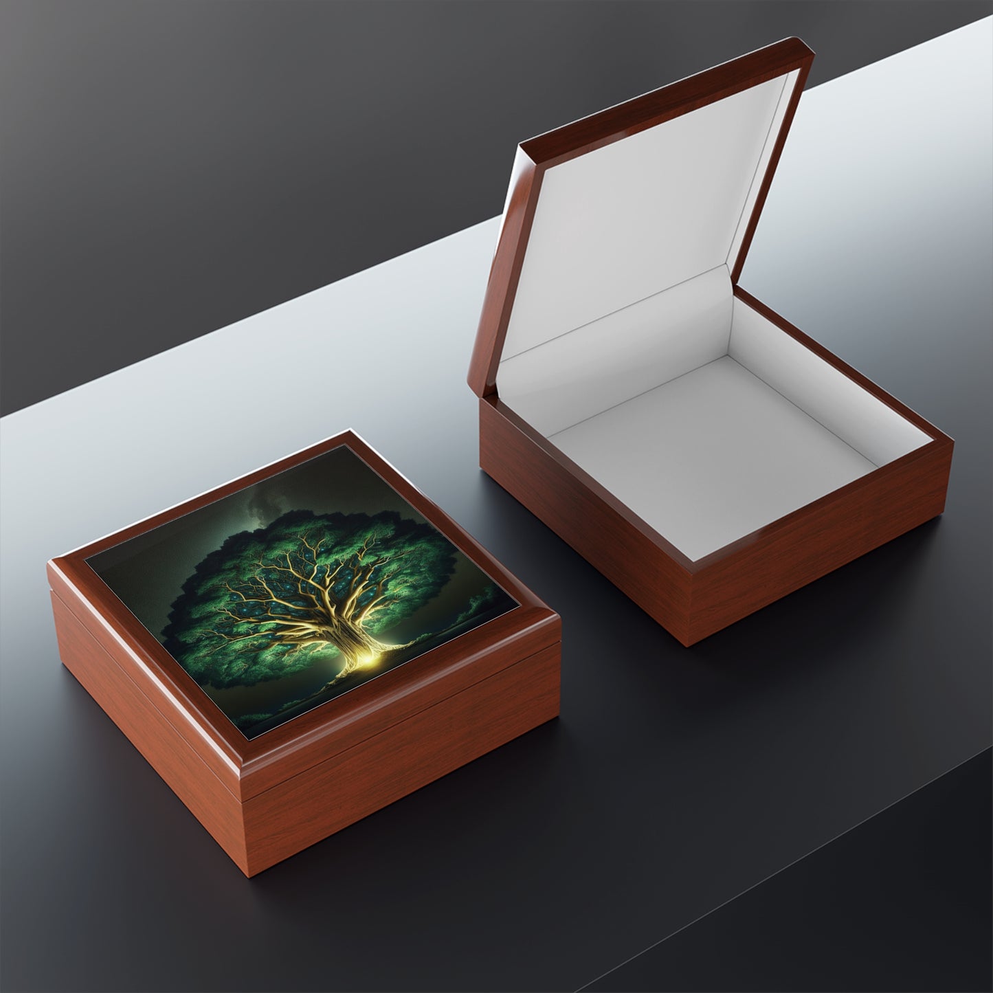 83B1 Tree of Life Jewelry Box – Rubberwood with Glossy Ceramic Tile Lid and Felt Lining