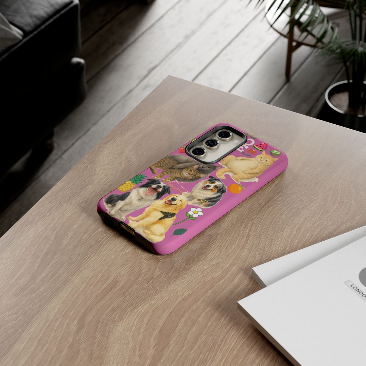 60A-2 Dog and Cat Printed Dual-Layer Phone Case In Pink – Glossy or Matte Finish – iPhone & Android Compatible