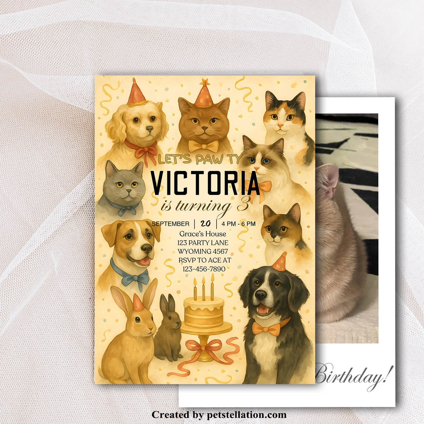 36A5 Elegant Pet Birthday Invitation Card Template – 5x7" Editable Canva Design | British Style Party Invite for Dogs & Cats