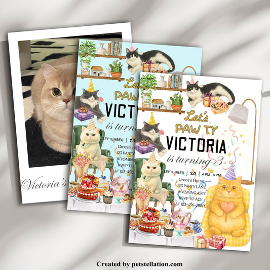 32A4 Whimsical Cat Party Invitation Canva Template – Editable Pet Celebration Invite with Photo Option