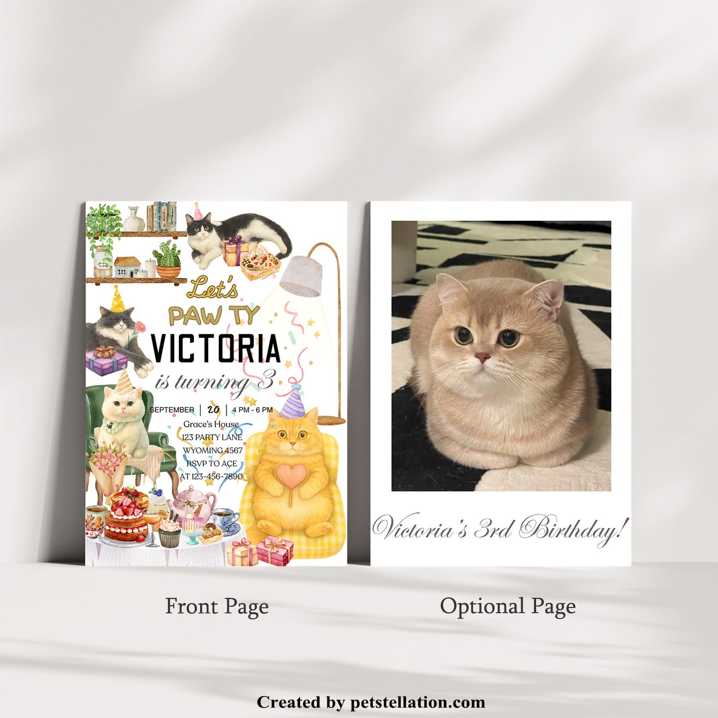 32A4 Whimsical Cat Party Invitation Canva Template – Editable Pet Celebration Invite with Photo Option