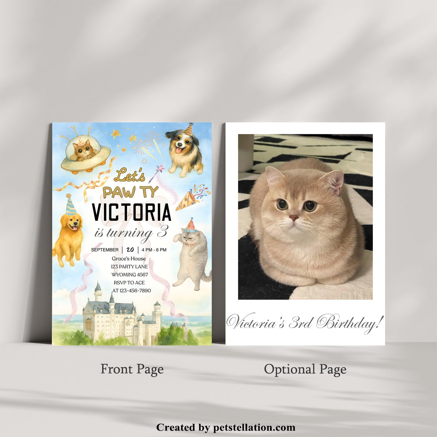 30A7 Whimsical Castle & UFO Pet Birthday Invitation – Editable Canva Template | Magical Dog & Cat Party Card | Printable Pet Celebration Invite