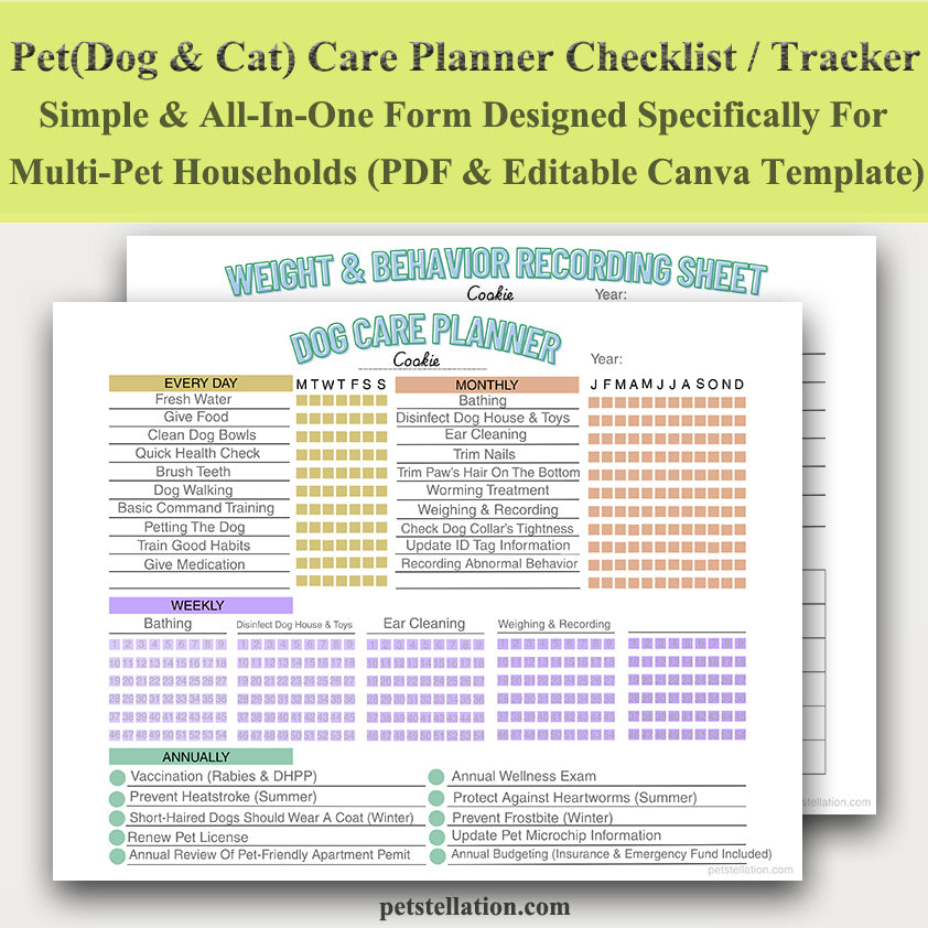 00E Multi-Pet Care Planner & Checklist | Printable PDF & Editable Canva Template | Dog & Cat Daily, Weekly, Monthly, Yearly Pet Tracker