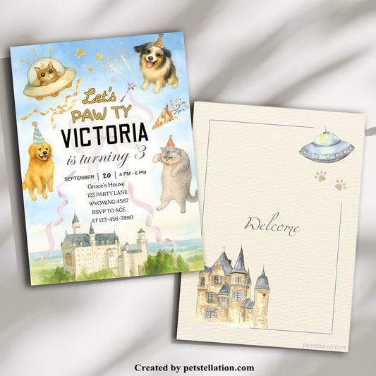 30A7 Whimsical Castle & UFO Pet Birthday Invitation – Editable Canva Template | Magical Dog & Cat Party Card | Printable Pet Celebration Invite